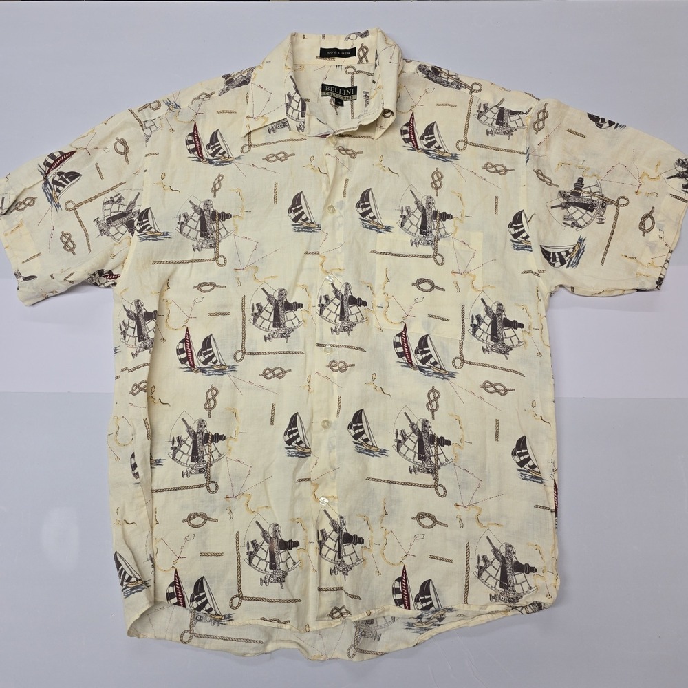 Vintage Bellini Collection Mens Medium Linen Nautical Sailboat Print Shirt Cream
